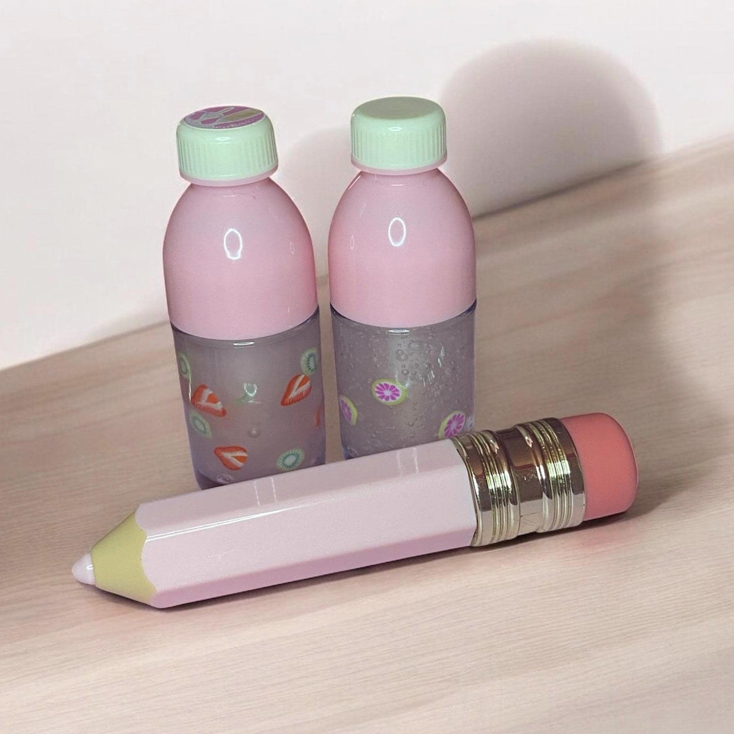 pink pencil and drink bottle lip gloss duo, back to school, teacher gift