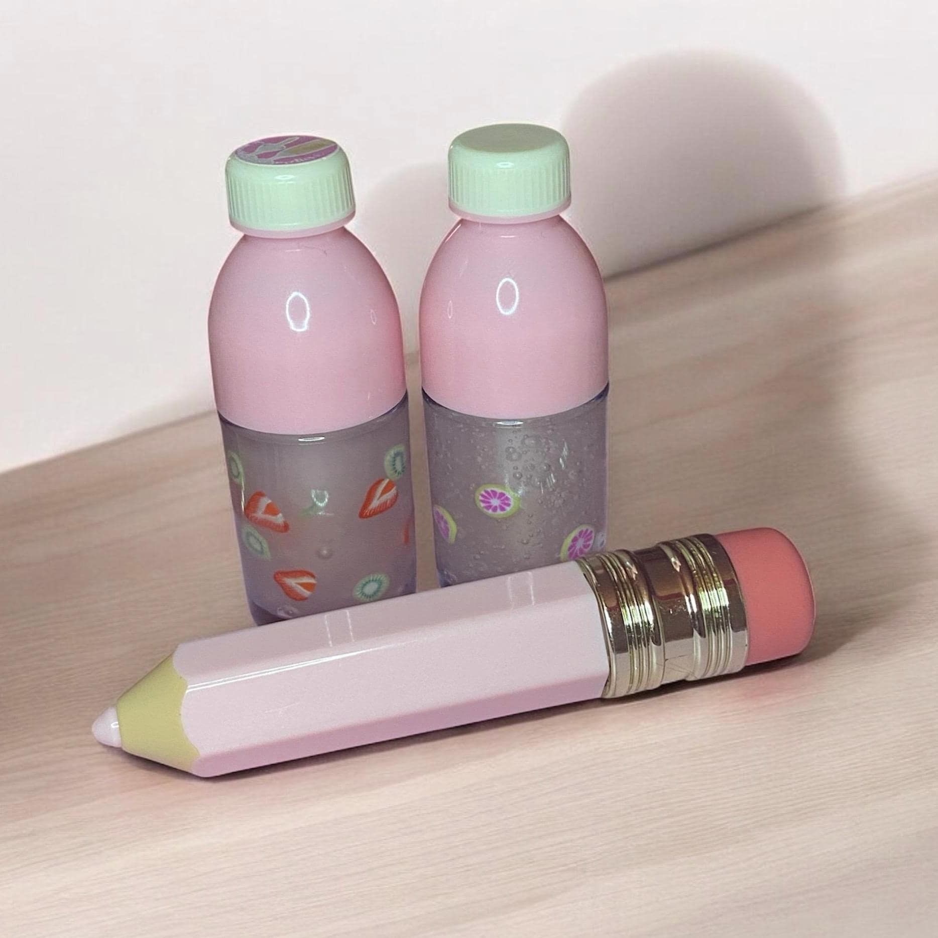 pink pencil and drink bottle lip gloss duo, back to school, teacher gift