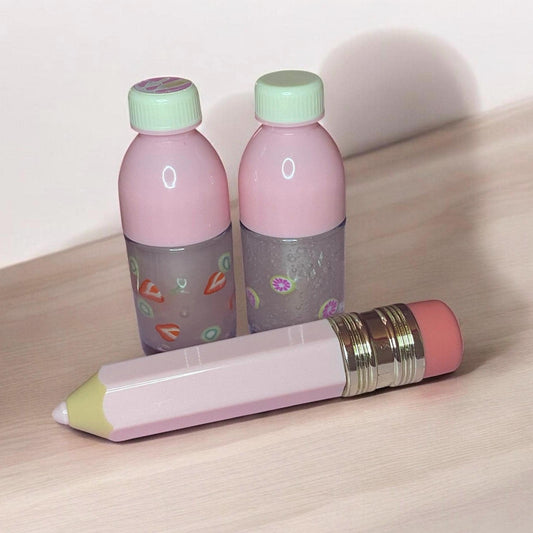 pink pencil and drink bottle lip gloss duo, back to school, teacher gift