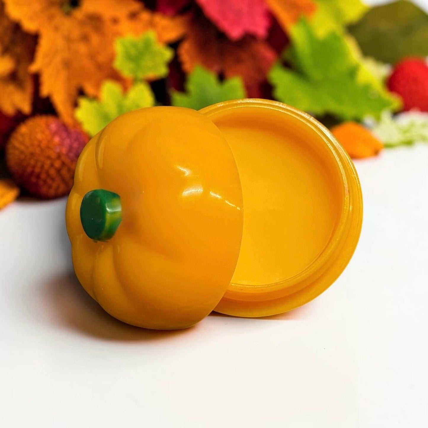 Pumpkin flavored, shaped novelty lip balm, vegan shea butter lip balm